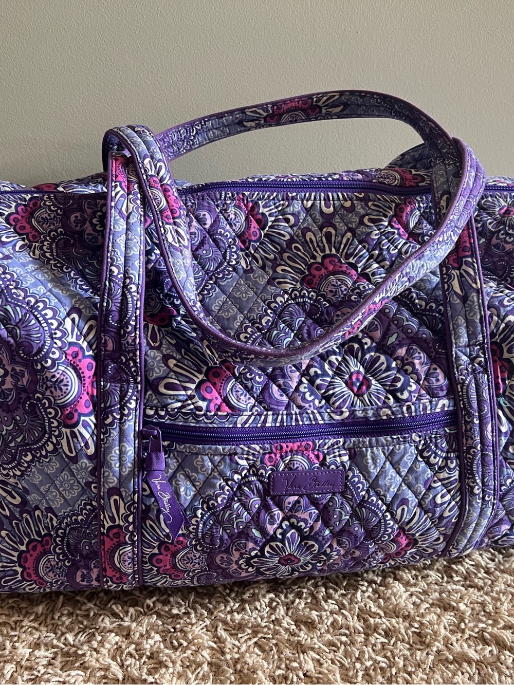 Vera Bradley Purple Quilted Tote Bag with travel toiletries hanging bag